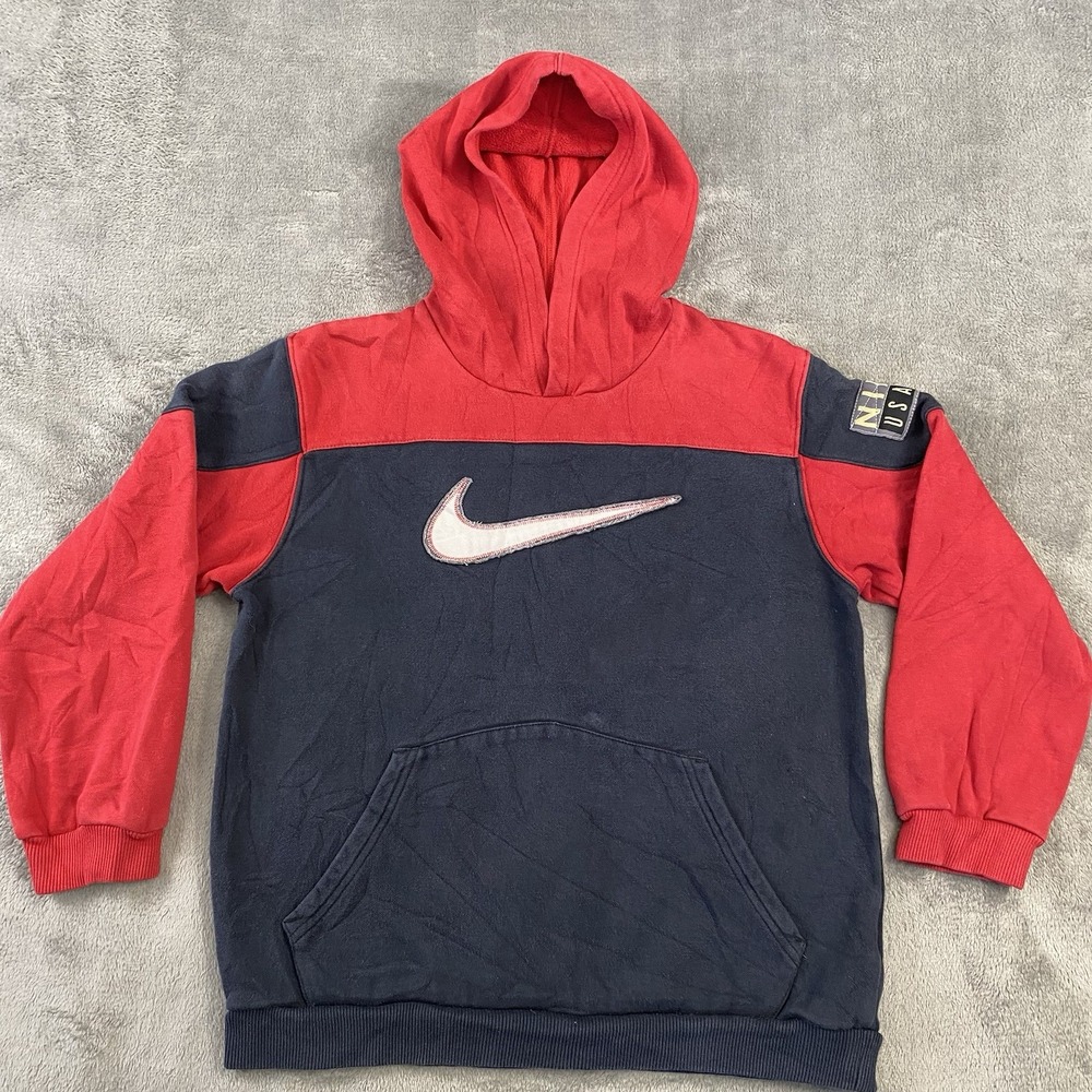 VTG Nike Hooded Sweatshirt Swoosh Logo Youth L Grey Tag Football Sport Red Blue